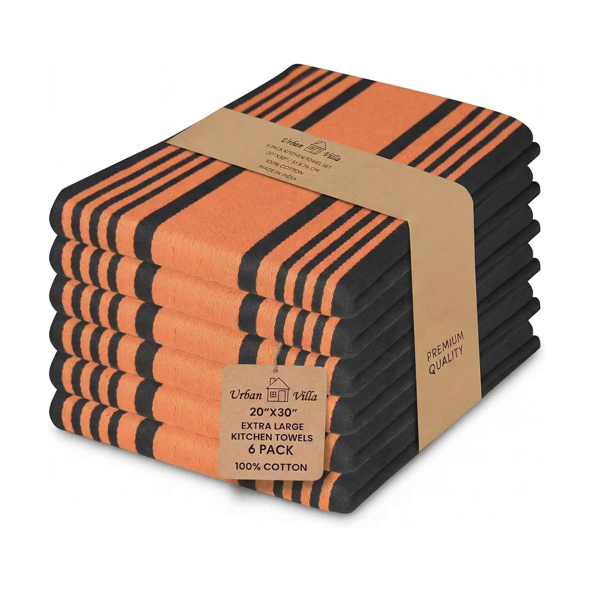 Urban Villa Kitchen Towels Cotton Dish Towels 20”x30” (Set of 6) Orange Blk