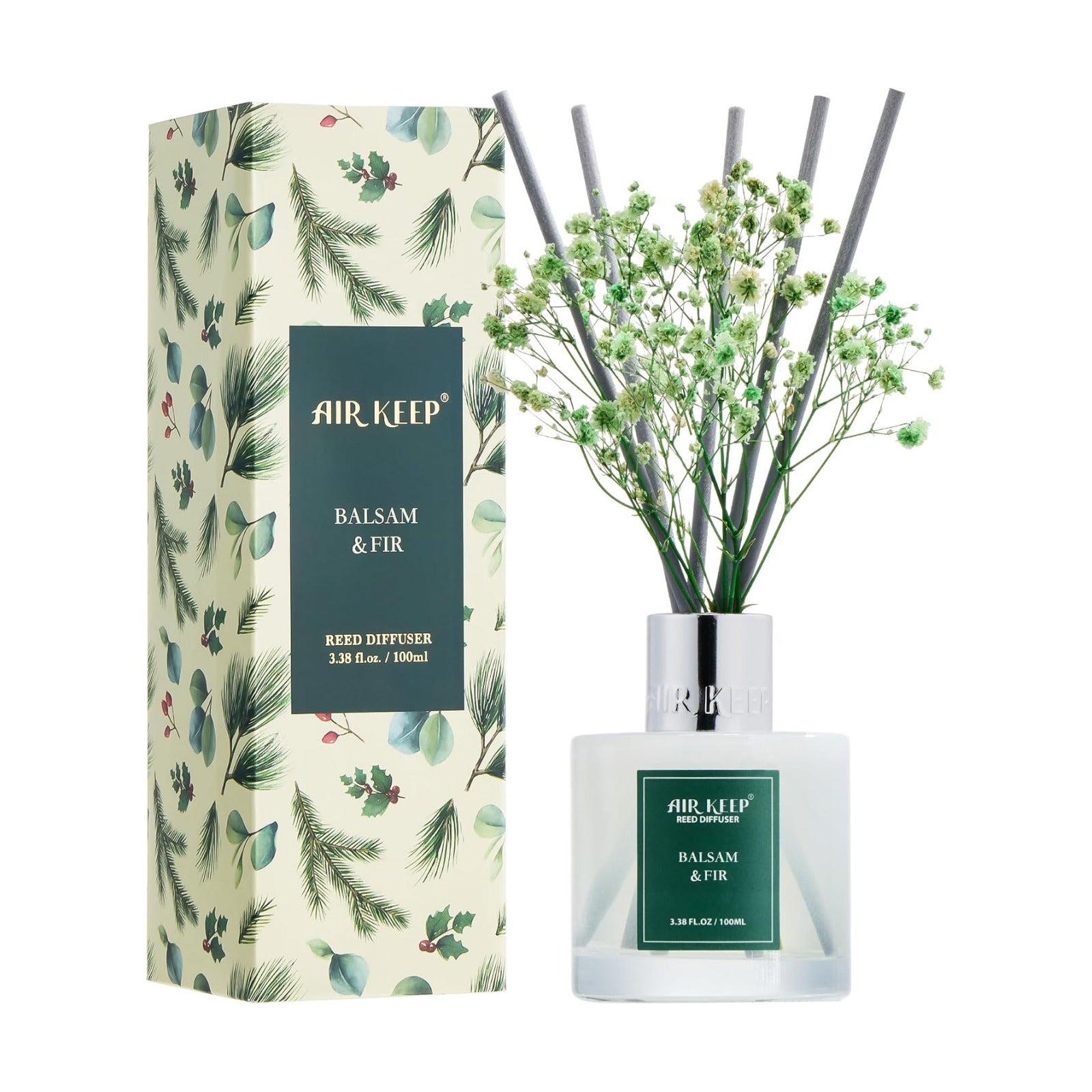 Airkeep Reed Diffuser Set,3.38 fl oz (100 ml) - Balsam & Fir Oil Diffusers with 8 Reed Sticks,Home Fragrance Reed