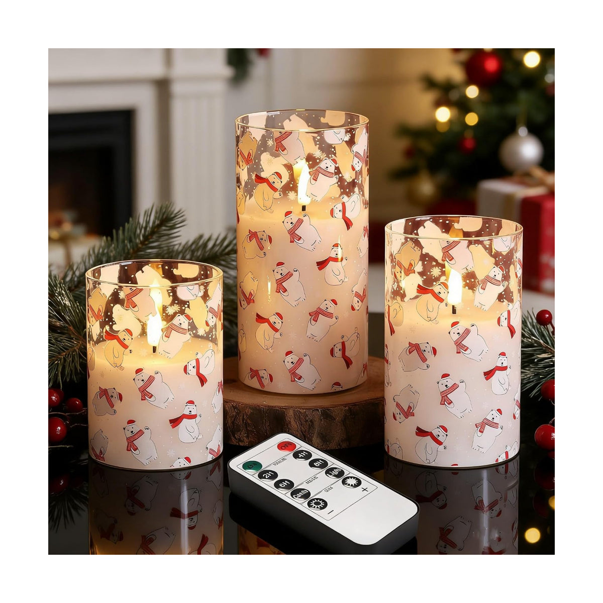 Eywamage Christmas Glass Flameless Pillar Candles with Remote, Flickering LED Battery Candles Bear Holiday Winter Table Decor Gift Set of 3