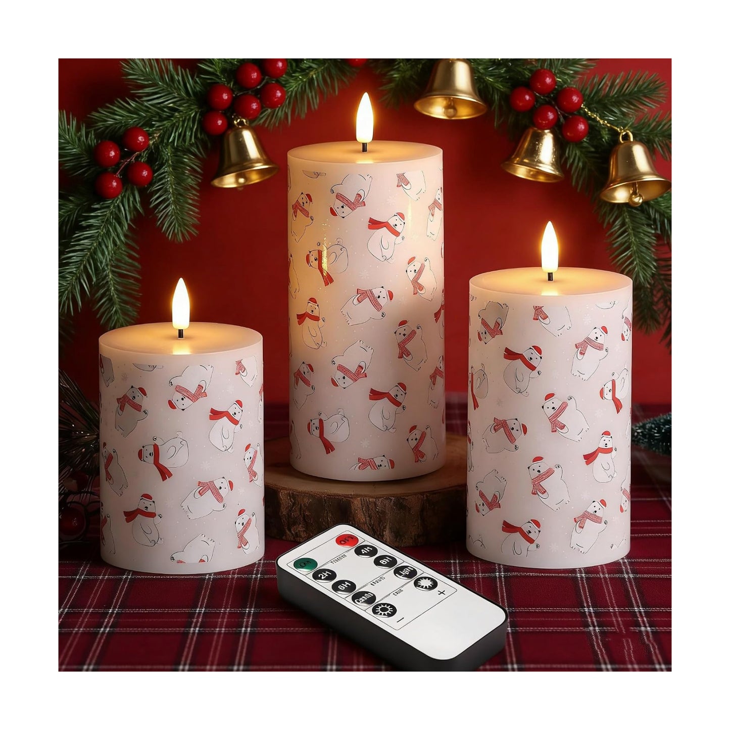 Bear Winter Christmas LED Pillar Candles with Remote Set of 3 | Flickering Flameless Wax Candles, Flat Top, 2 AA