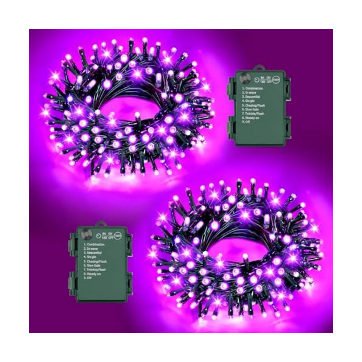 Purple Lights Halloween Lights String Total 100LED Battery Operated Outdoor 8 Modes with Timer 16.4Ft*2, 50LED*2 Waterproof Indoor for Halloween Decor, Purple, 2-Pack