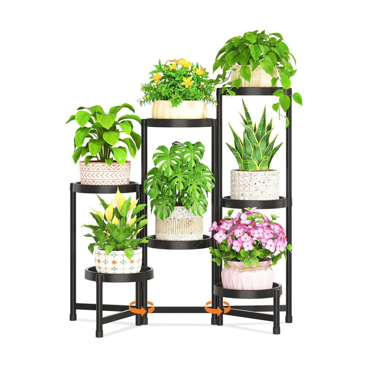 LASZOLA Plant Stand Indoor Outdoor Tall with Plastic Tray, 7 Tiers Black | Corner Folding Flower Display Rack, Modern