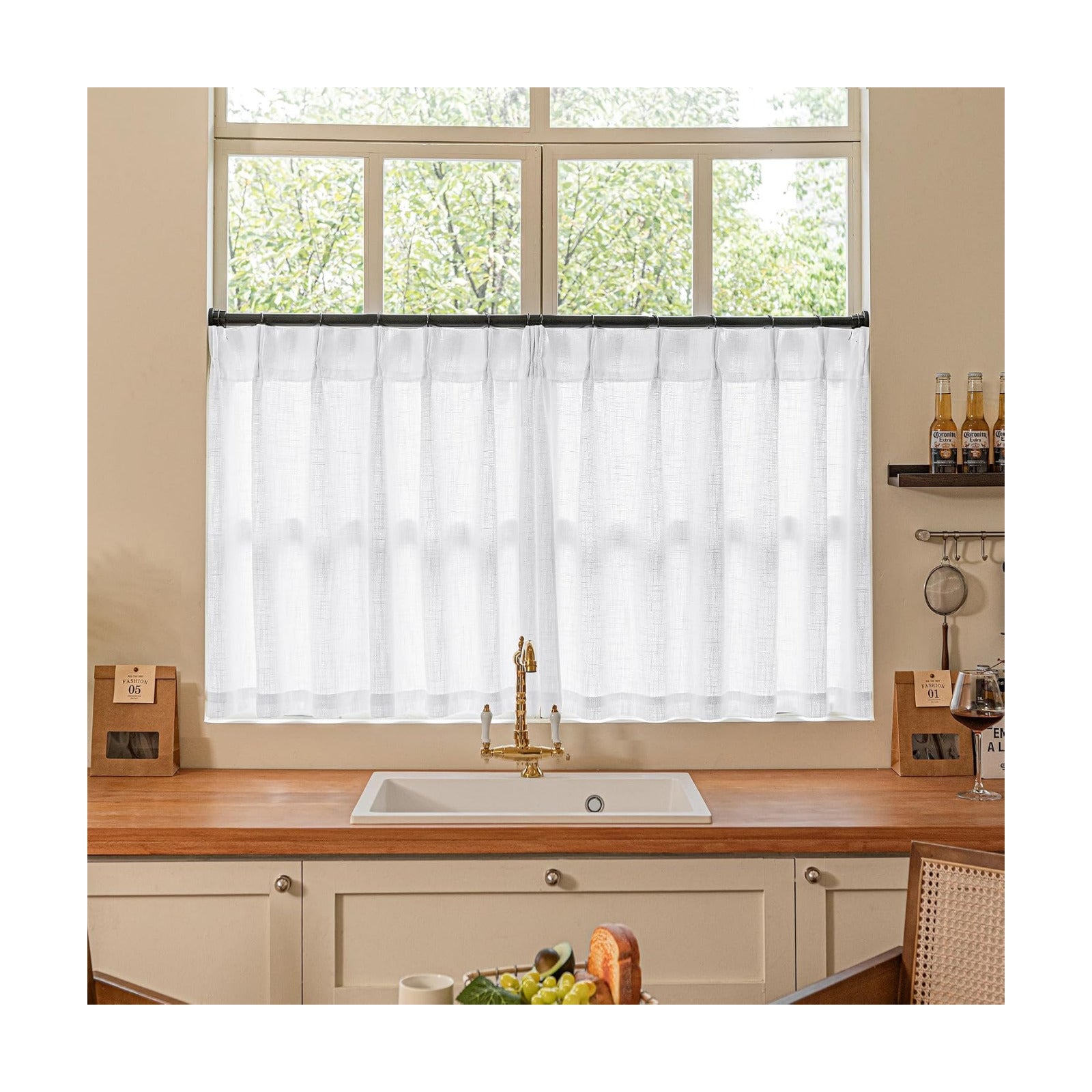TWODRAPES Pleated White Linen Semi Sheer Cafe 30 Inch Curtains 2 Panels