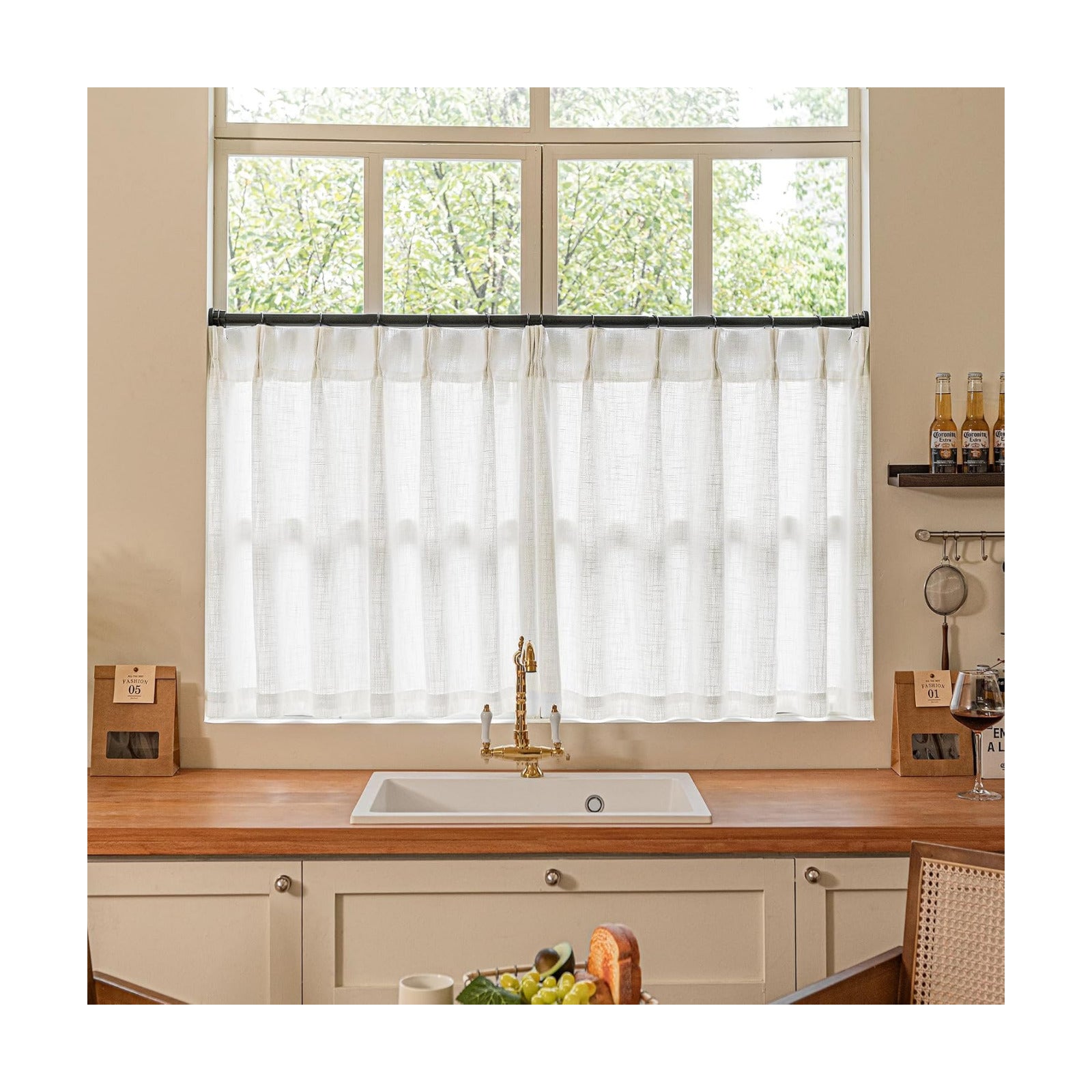 TWODRAPES Beige White Linen Pleated Curtains 30 Inch Length Light Filtering