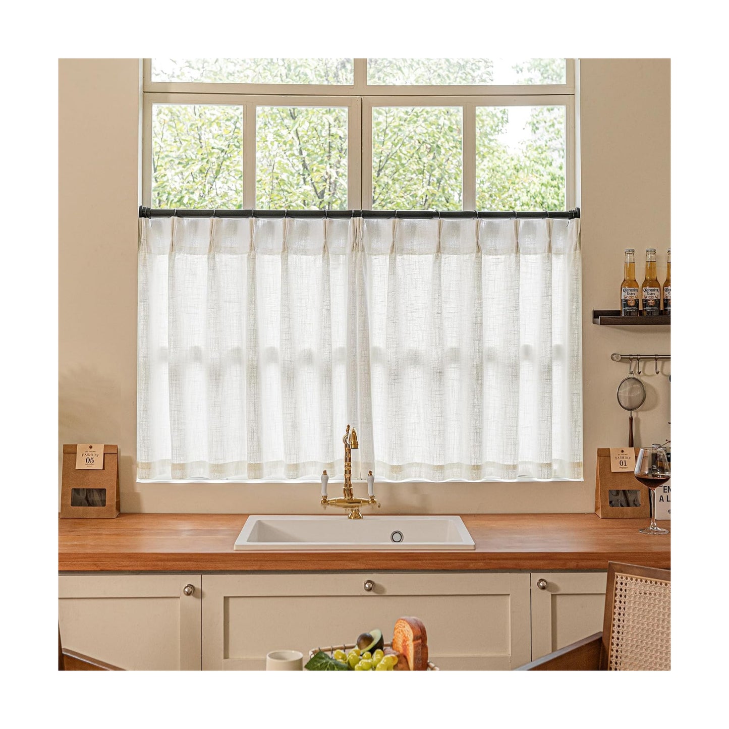 TWODRAPES Cream Ivory Linen Pleated Light Filtering Curtains 30 Inch Length