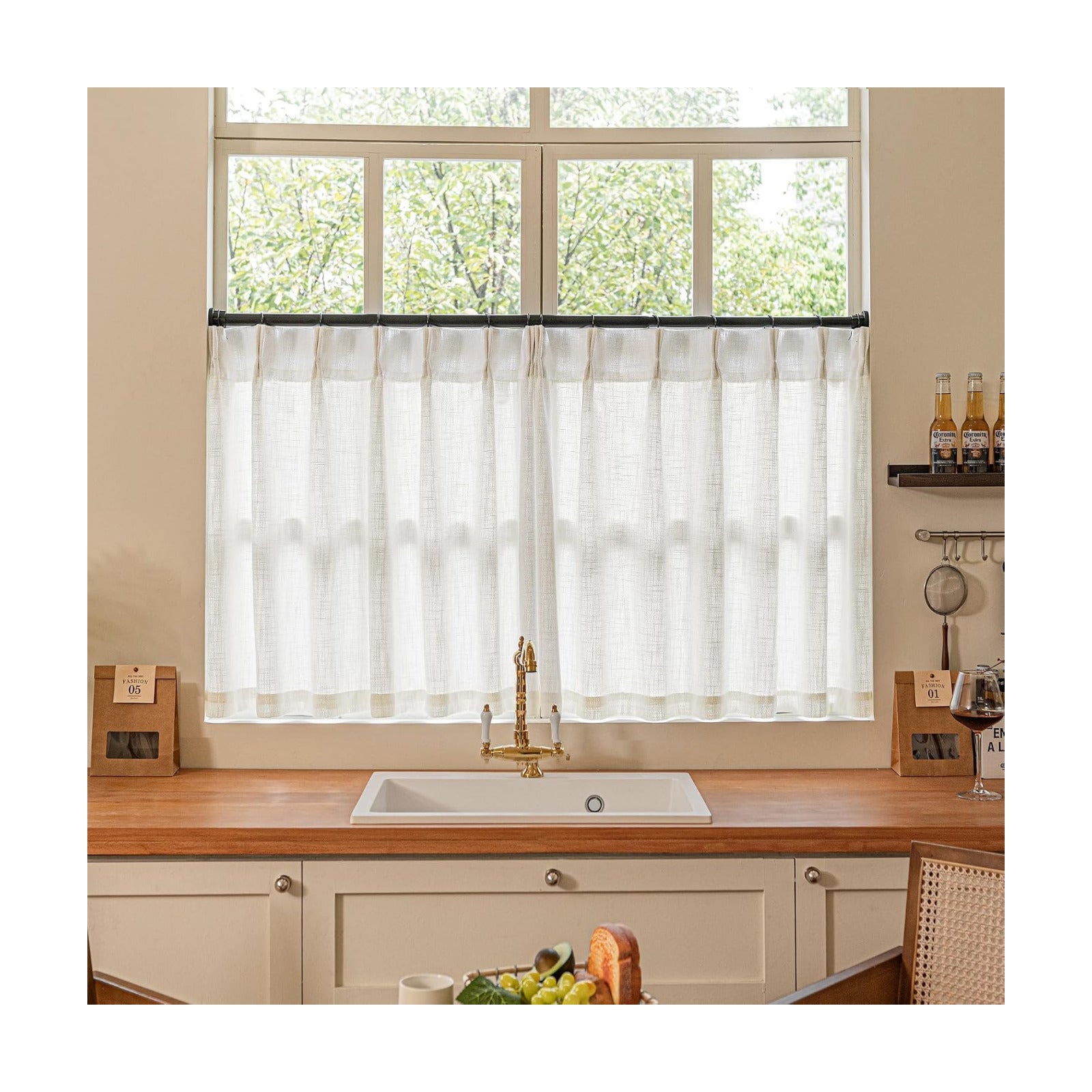 TWODRAPES Cream Ivory Linen Pleated Light Filtering Curtains 30 Inch Length