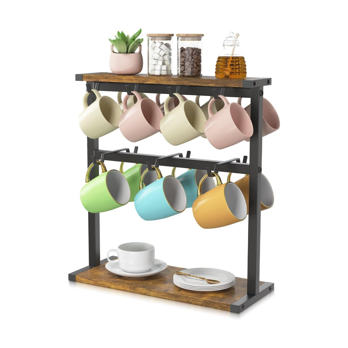 EsLuker.ly Coffee Mug Holder Cup Tree Rack for Coffee Bar Countertop | 2 Tier Wood Station Organizer Narrow Display