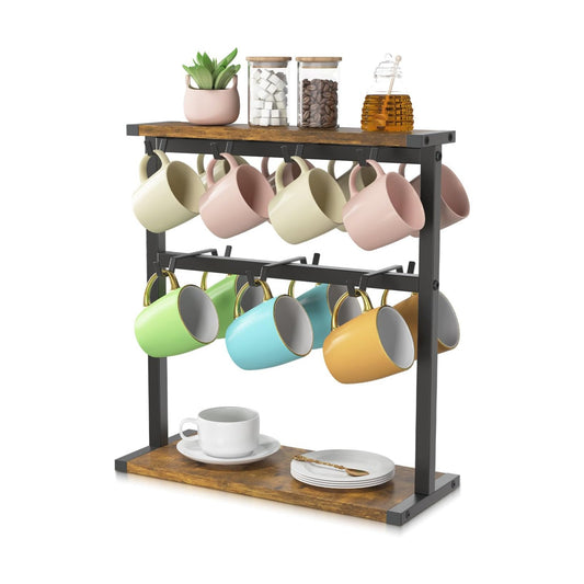 EsLuker.ly Coffee Mug Holder Cup Tree Rack for Coffee Bar Countertop | 2 Tier Wood Station Organizer Narrow Display