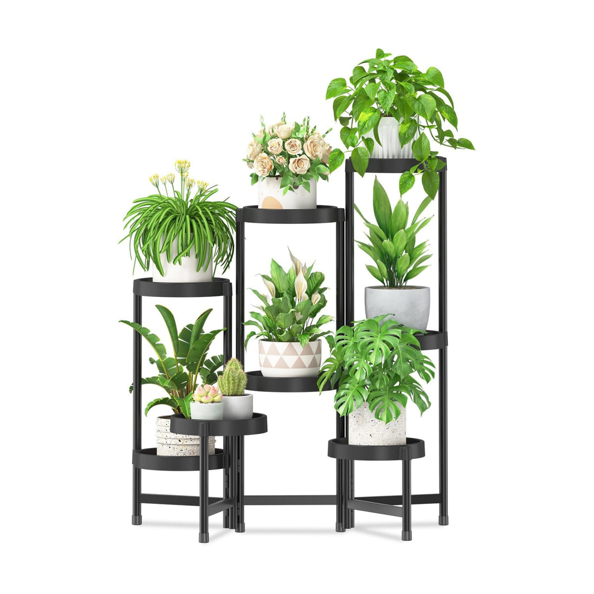 iDavosic.ly 8 Tier Folding Plant Stand Indoor Outdoor, Plastic Tray, Black | Space Saving Tiered Corner Storage Display
