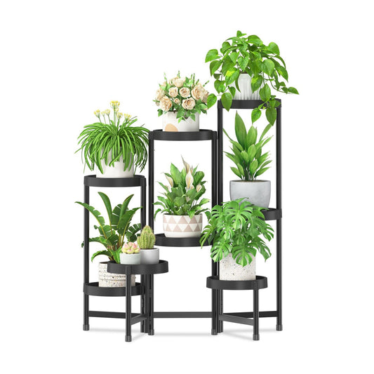 iDavosic.ly 8 Tier Folding Plant Stand Indoor Outdoor, Plastic Tray, Black | Space Saving Tiered Corner Storage Display