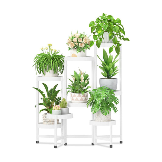 iDavosic.ly 8 Tier Folding Plant Stand Indoor Outdoor, Plastic Tray, White | Space Saving Tiered Corner Storage Display