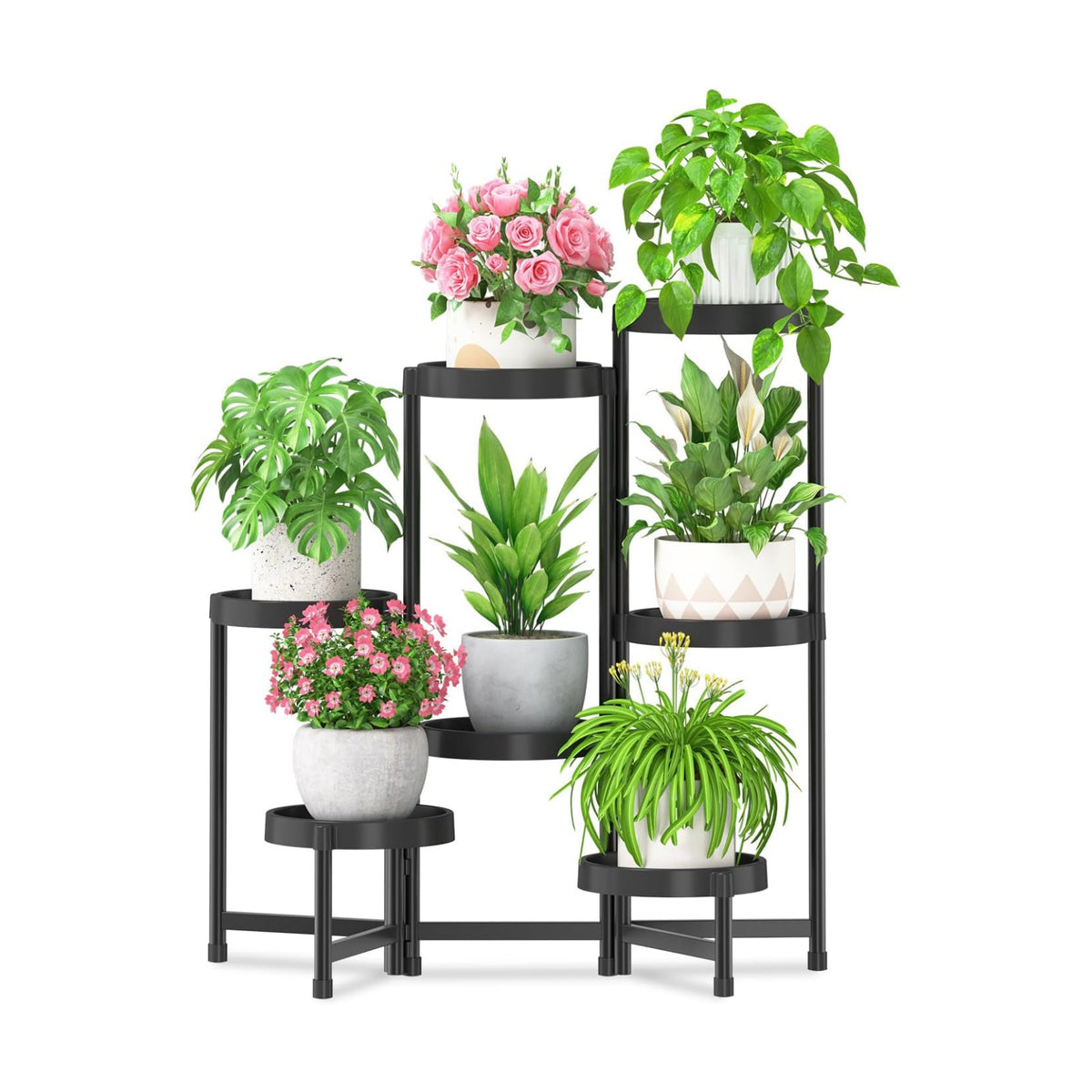iDavosic.ly 7 Tier Folding Plant Stand Indoor Outdoor, Plastic Tray, Black | Space Saving Tiered Corner Storage Display