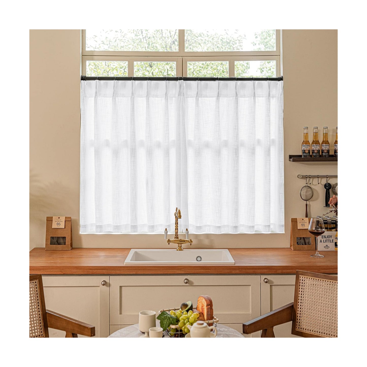 TWODRAPES Pinch Pleated White 36 Inch Length Kitchen Curtains 2 Panels Set