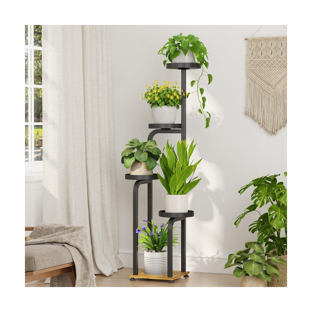 iDavosic.ly Tall Plant Stand Indoor, Corner Tiered Metal Trays, Black Brown | 4 Tier Multiple Flower Holder Shelf