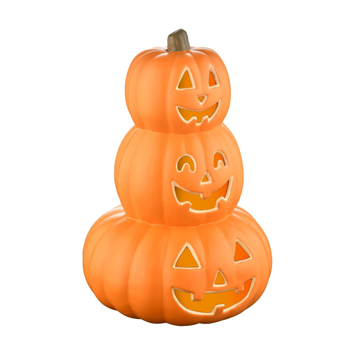 Evelyne Stacked Jack-O’-Lantern Pumpkin Decoration – 3-Tier Light-Up Halloween Gourd HDPE Plastic – Indoor/Outdoor Fall Decor with Happy Ghost Faces – Cute Pumpkin Tower for Porch Tabletop