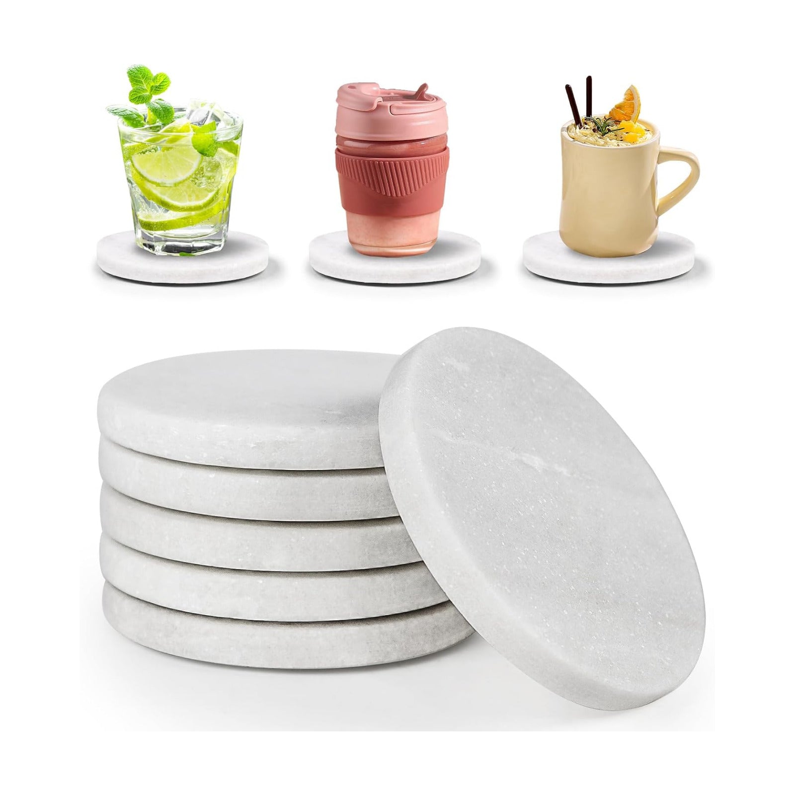 White Marble Coasters / Natural White Color with Bling Particles / Set of 6