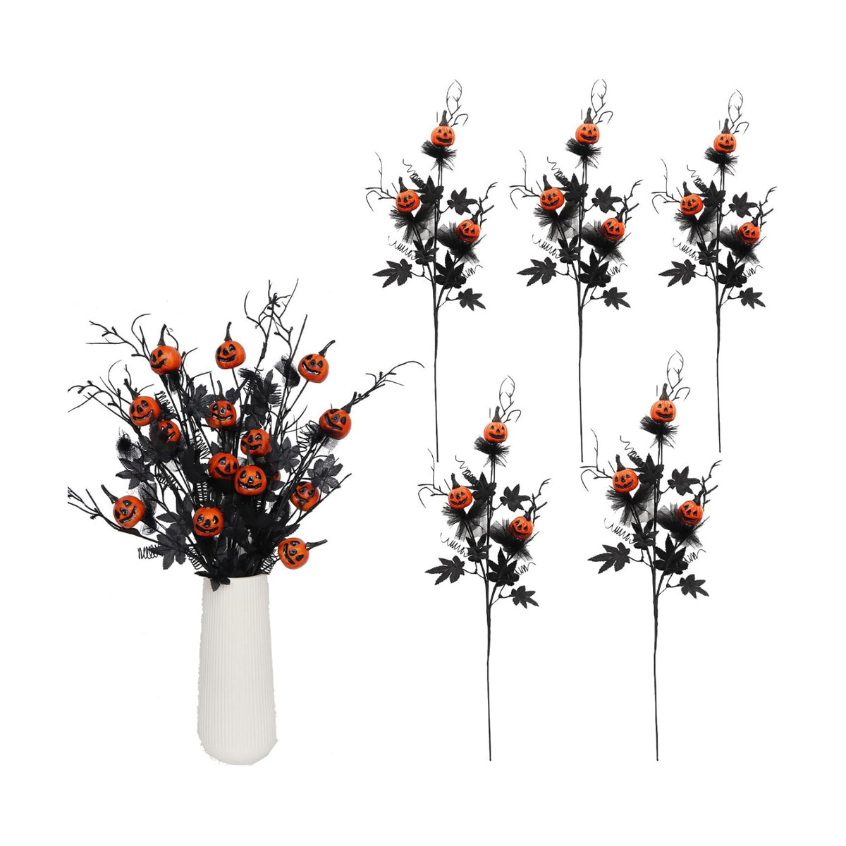 5PCS Halloween Decorations, Black Artificial Flowers, 21 Inch Artificial Pumpkin Maple Leaf Floral Stems Halloween Branches Decoration for Indoor Home Farmhouse Party Vase Arrangement Décor