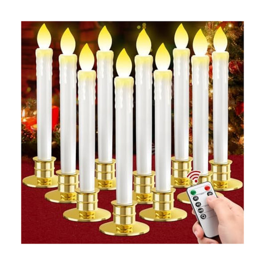10 Pack Christmas Window Candles with Remote: Battery Operated LED Candles with Drip Texture with Timer - Flickering Flameless Candles with Candlesticks for Home Decor Christmas Halloween Wedding
