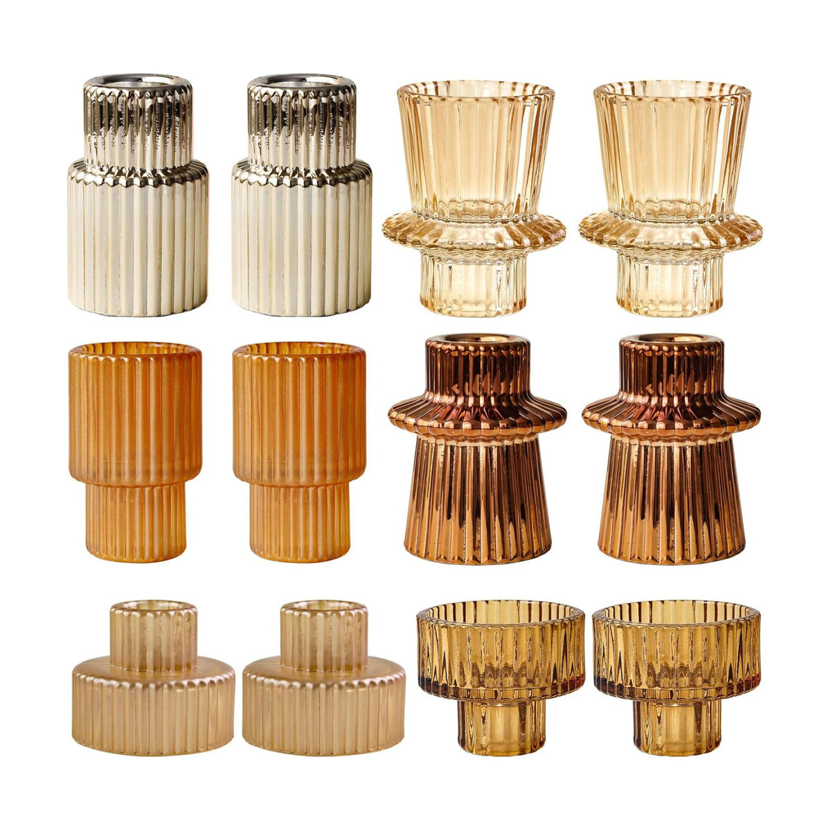 Gold Candlestick Holders 12PCS Ribbed Glass Taper Candle Holders Set for Tealight Candlestick Candles, Table Centerpieces for Thanksgiving Christmas Farmhouse Decor Indoor and Outdoor