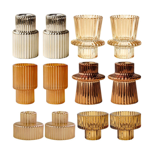 Gold Candlestick Holders 12PCS Ribbed Glass Taper Candle Holders Set for Tealight Candlestick Candles, Table Centerpieces for Thanksgiving Christmas Farmhouse Decor Indoor and Outdoor