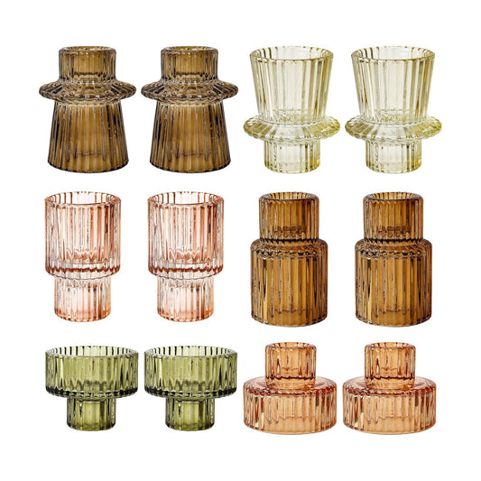 Brown Candlestick Holders 12PCS Ribbed Glass Taper Candle Holders Set for Tealight Candlestick Candles, Table Centerpieces for Thanksgiving Christmas Farmhouse Decor Indoor and Outdoor