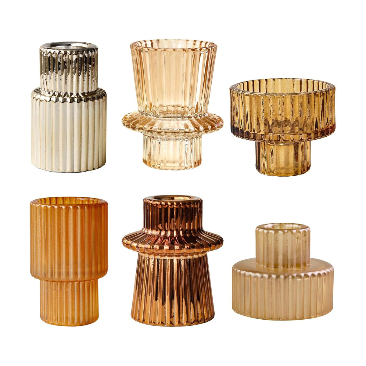 Gold Candlestick Holders 6PCS for Tealight Candle Stick Candles, Ribbed Glass Taper Candle Holders Set Table Centerpieces for Thanksgiving Christmas Farmhouse Decor Indoor and Outdoor