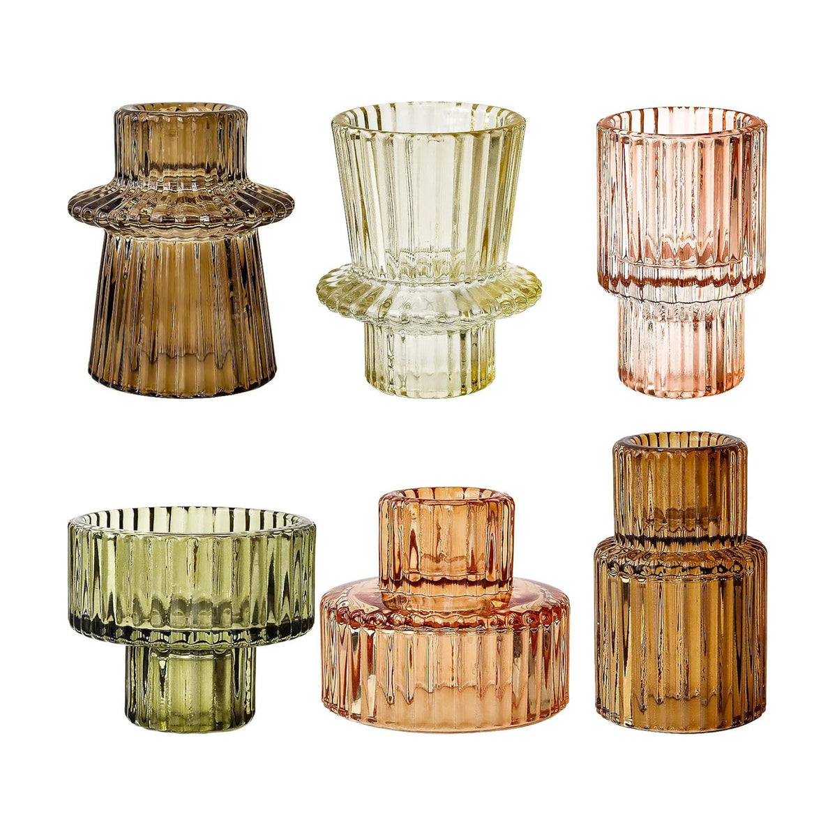 Brown Candlestick Holders 6PCS for Tealight Candle Stick Candles, Ribbed Glass Taper Candle Holders Set, Table Centerpieces for Thanksgiving Christmas Farmhouse Decor Indoor and Outdoor