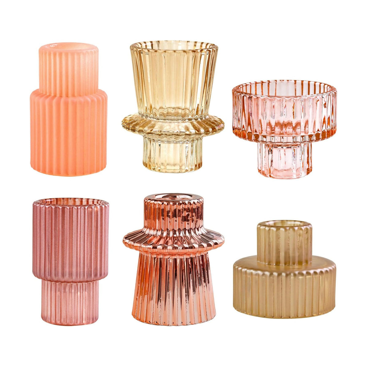 Pink Candlestick Holders 6PCS for Tealight Candle Stick Candles, Ribbed Glass Taper Candle Holders Set, Table Centerpieces for Weddings Christmas Home Decor Indoor and Outdoor