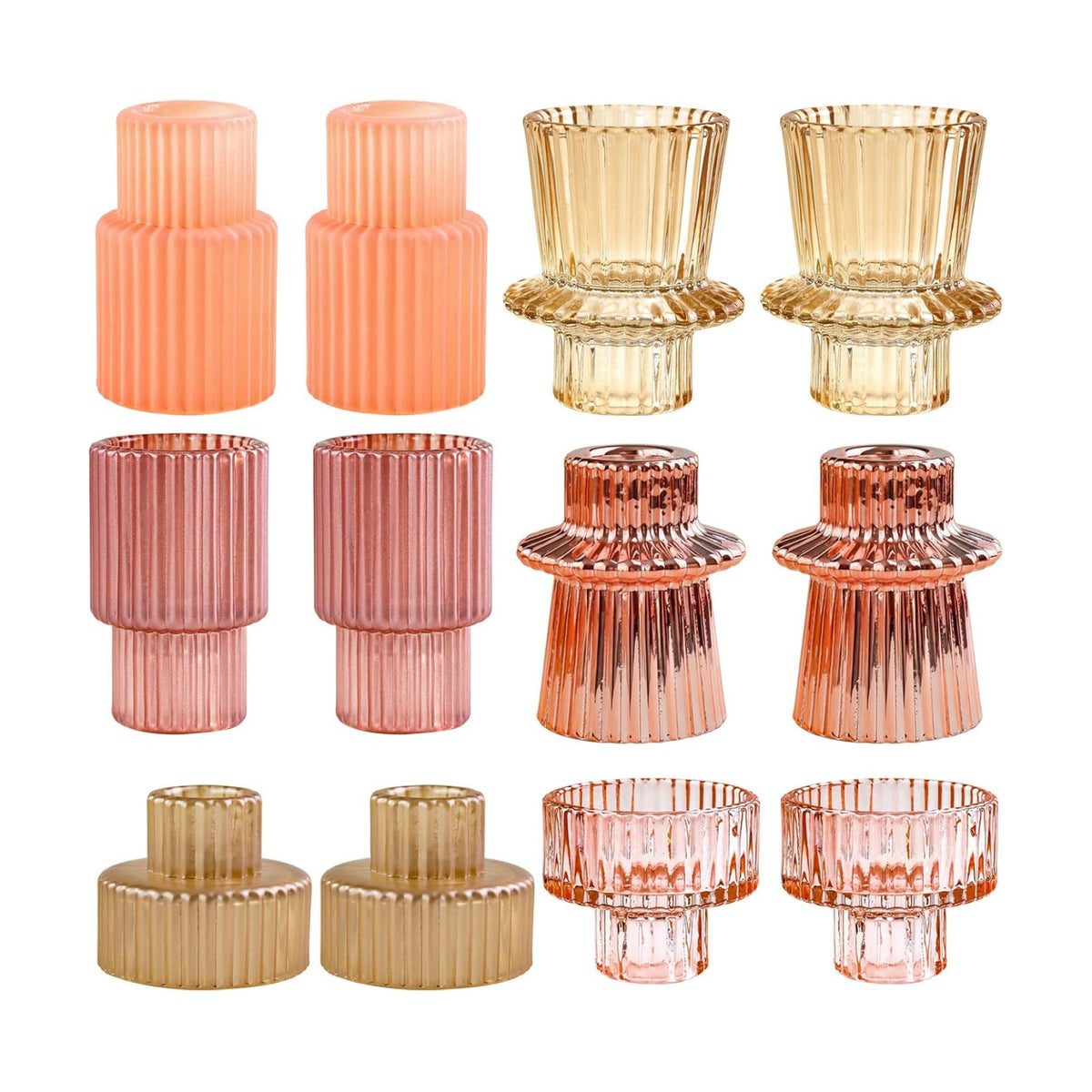 Pink Candlestick Holders 12PCS Ribbed Glass Taper Candle Holders Set for Tealight Candlestick Candles, Table Centerpieces for Weddings Christmas Home Decor Indoor and Outdoor