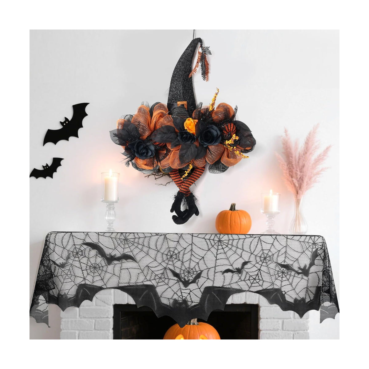 Halloween Wreath for Front Door, Witch Hat & Spiderweb Mantel Scarf Set