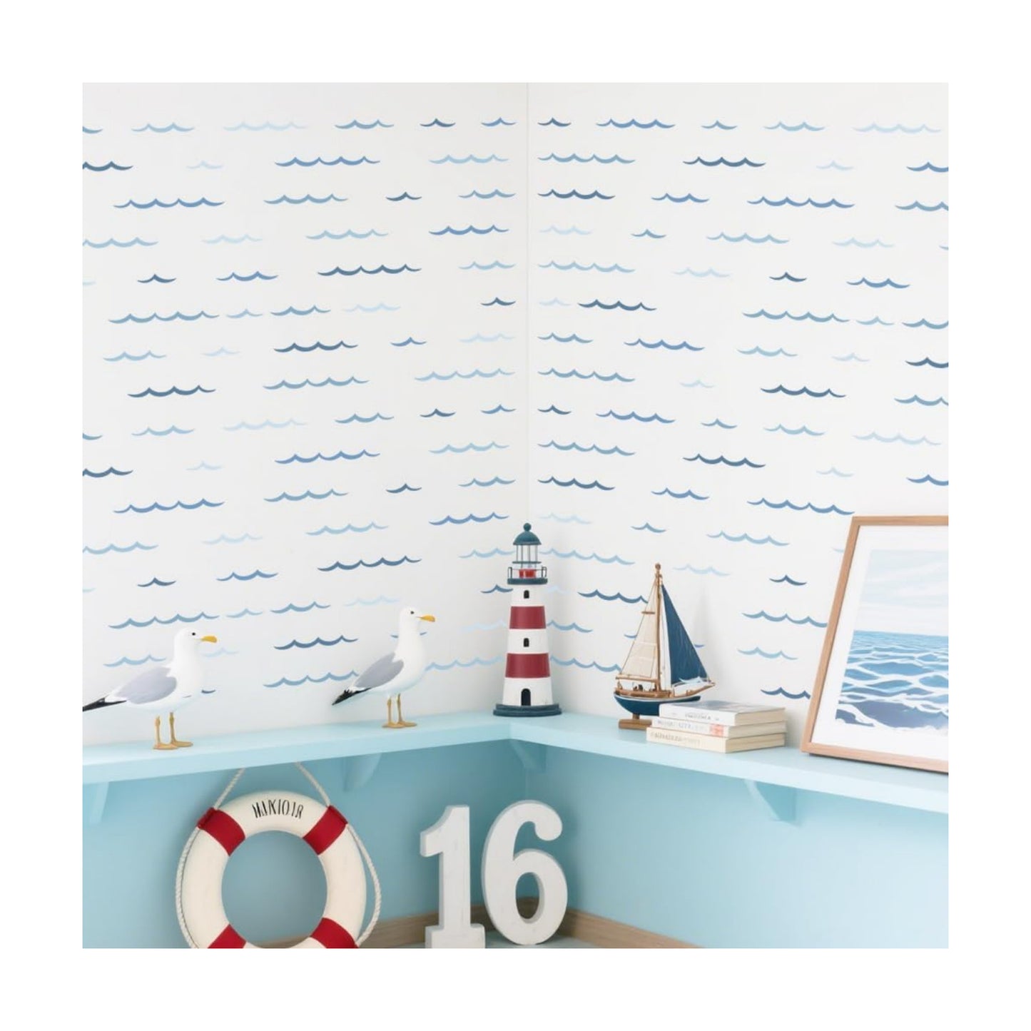 4 Sheets Ocean Wave Wall Stickers Minimalist Sea Waves Wall Decals Curved Lines / Blue / Set of 4