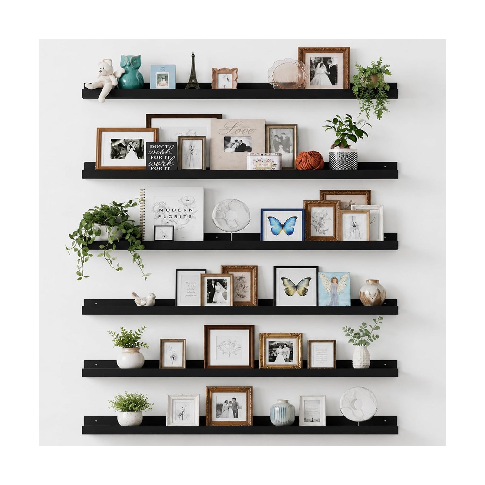upsimples Floating Shelves for Wall Decor and Storage, Black, 6Pcs 47.3''