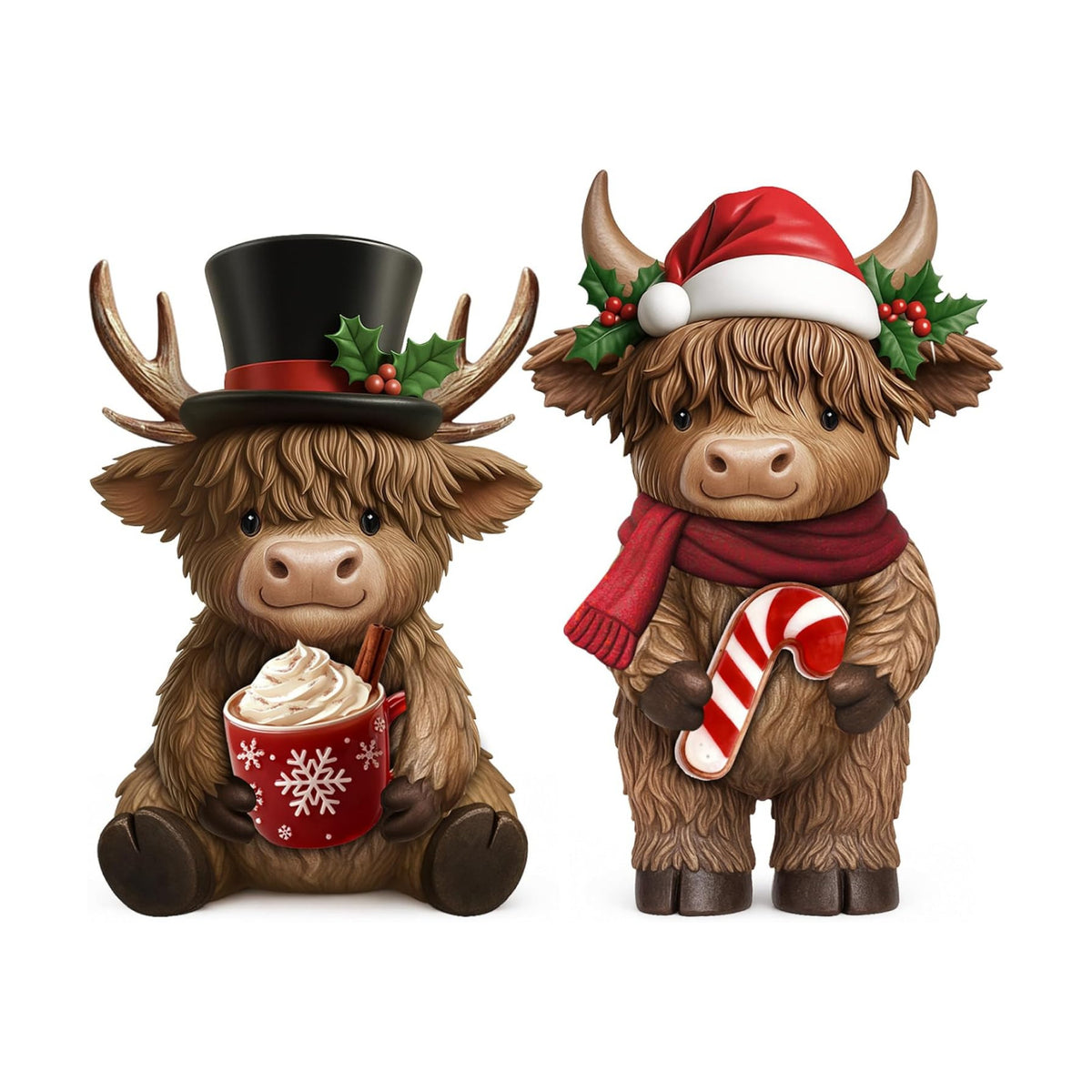Simgoing 2 Pcs Christmas Highland Cow Figurines Resin Santa Reindeer Cow