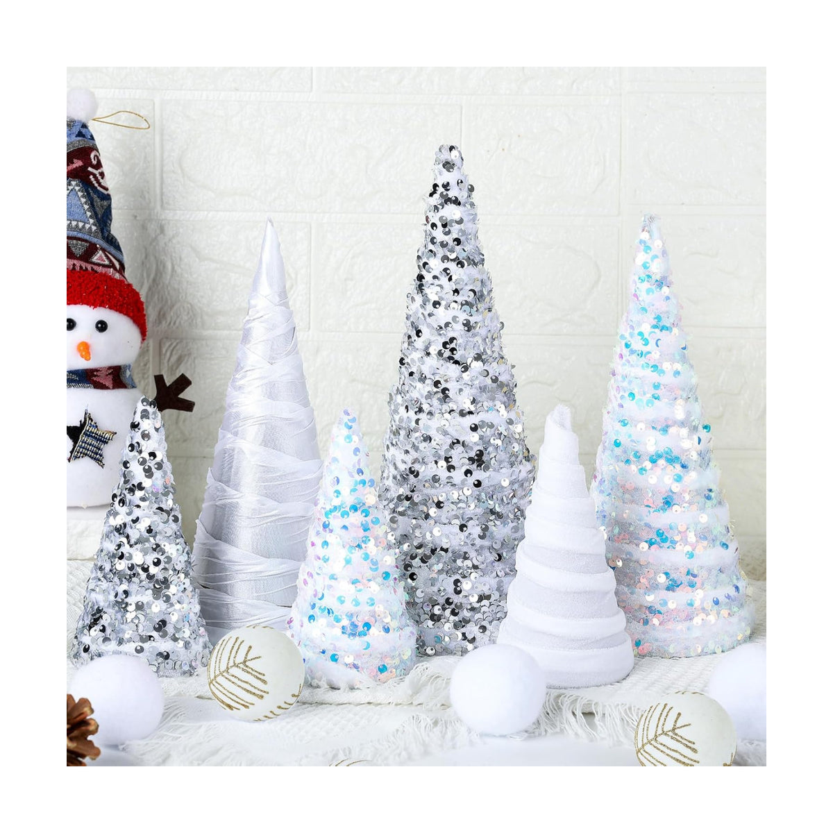 6 Pcs 12" 10" 6" Cone Christmas Tree Decorations Christmas Snow White Glitter Table Decor Farmhouse Trees Tiered Tray Ornament Xmas Tree for Home Holiday Entryway Tabletop Tree Centerpiece Decor