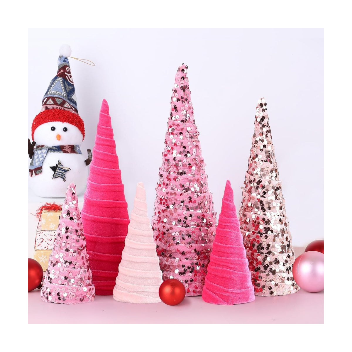 6 Pcs 12" 10" 6" Christmas Cone Tree Decorations Velvet Pink Christmas Glitter Table Decor Flocked Farmhouse Tiered Tray Ornament Xmas Tree for Home Holiday Entryway Tabletop Centerpiece Decor