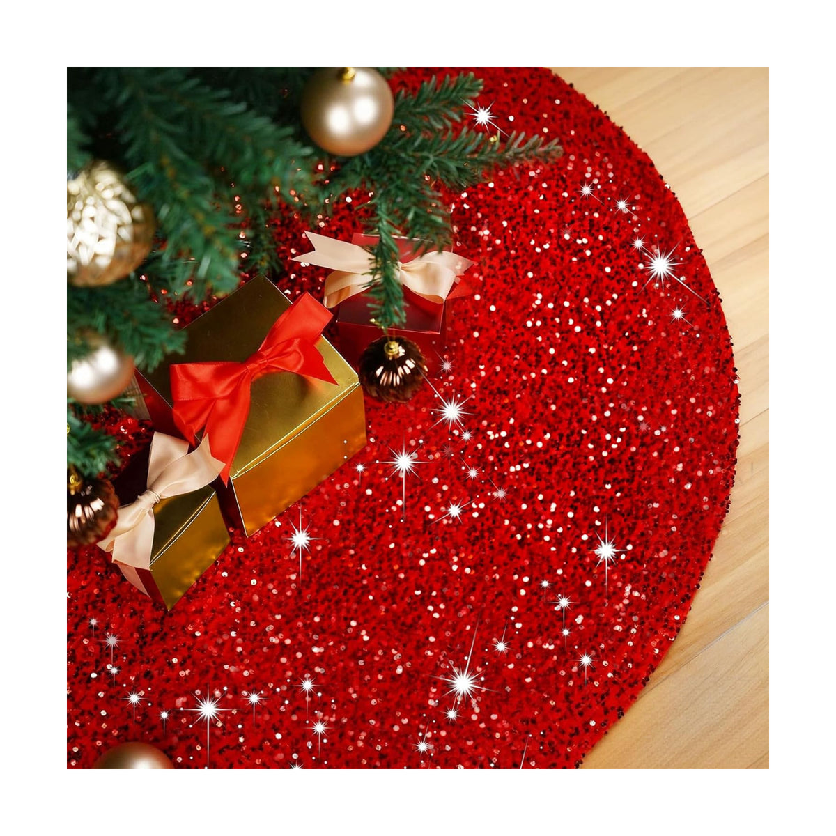 Christmas Tree Skirt 48 Inch, Red Sequin Christmas Trees Skirt, Large Sparkle Xmas Tree Stand Base Used for Christmas Holiday Indoor Home Decoration