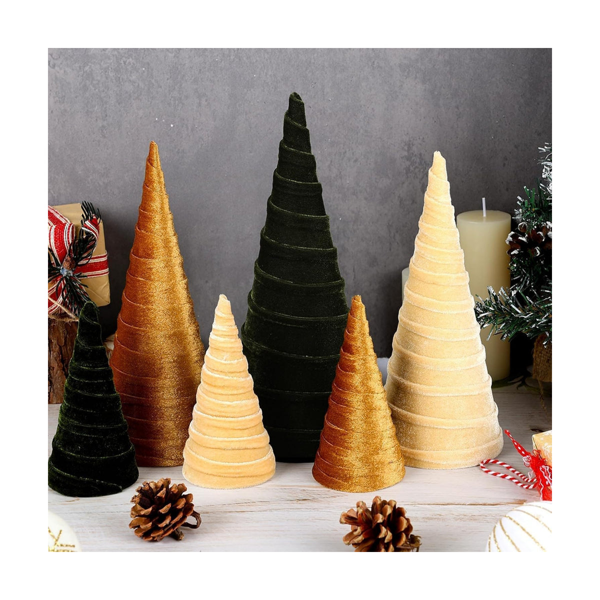 6 Pcs 12" 10" 6" Christmas Cone Tree Decorations Christmas Neutral Velvet Table Centerpieces Decor Flocked Farmhouse Tiered Tray Ornament Xmas Tree for Home Entryway Tabletop Centerpiece Decor