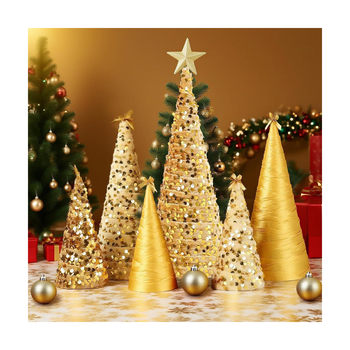 6 Pcs 12" 10" 6" Christmas Cone Tree Decorations Velvet Christmas Silk Gold Glitter Table Decor Farmhouse Flocked Tiered Tray Ornament Xmas Tree for Home Holiday Entryway Tabletop Centerpiece Decor