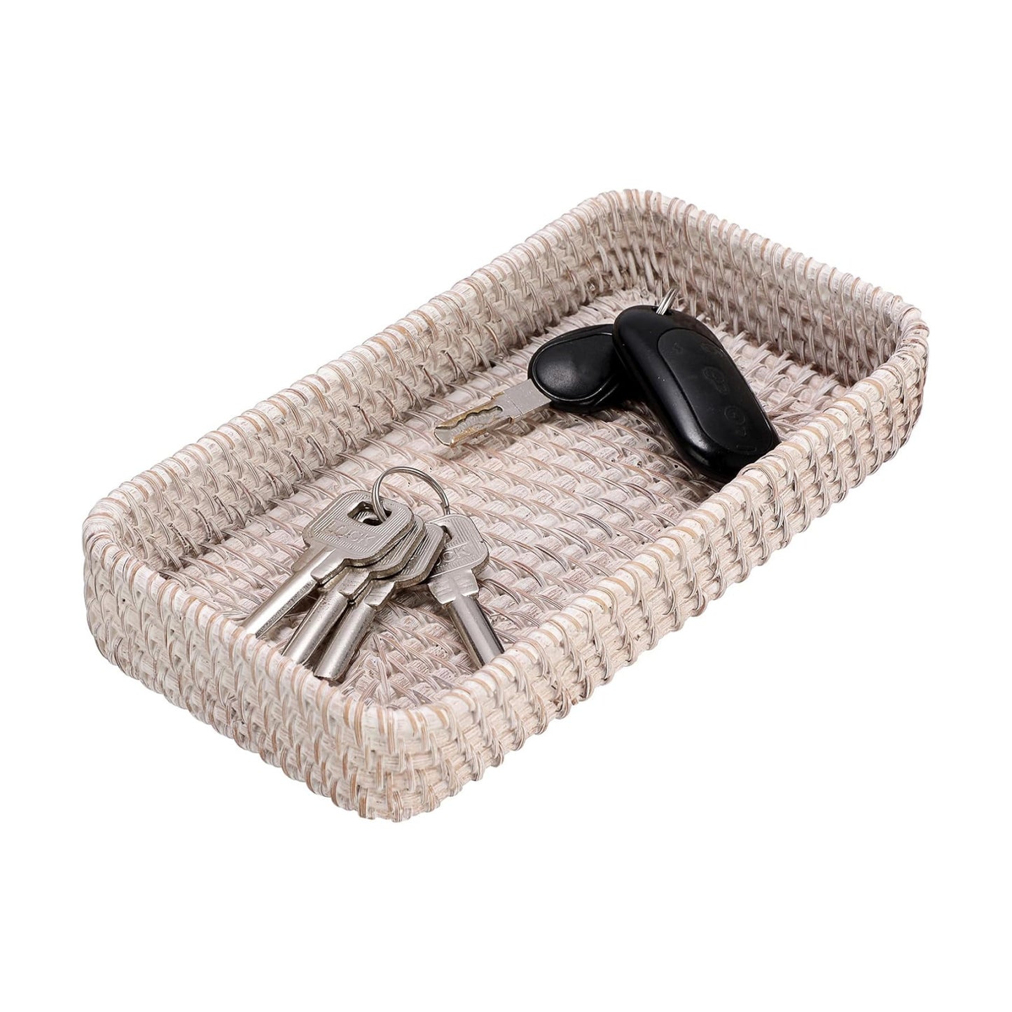 Rattan Key Tray Handwoven Wicker Baskets for Entryway Table Vanity / 8.3 x 4.7 x 1.6 / Whitewash