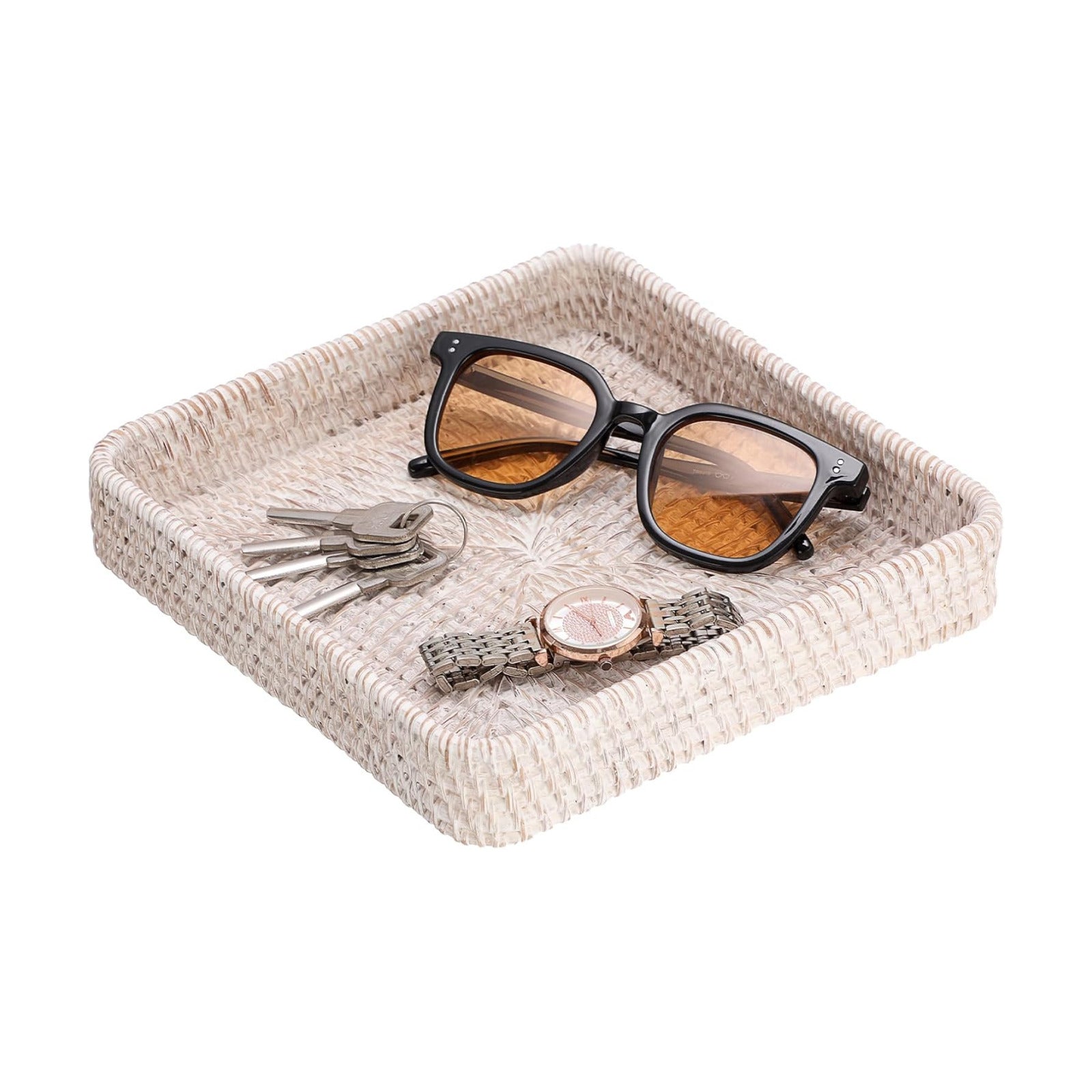 Key Basket for Entryway Table Handwoven Wicker Fruit Tray / 8.1 x 8.1 x 1.4 / Whitewash