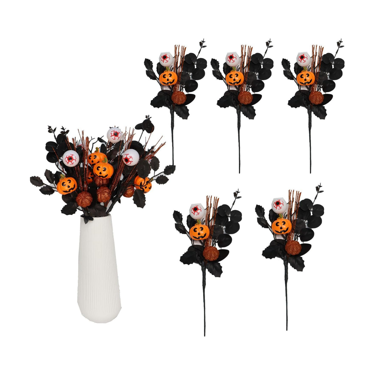 5PCS Artificial Halloween Flowers,13.4 Inch Artificial Pumpkin Maple Leaf Floral Stems Branches &Eyeball Halloween Decoration for Indoor Home Farmhouse Party Table Vase Décor