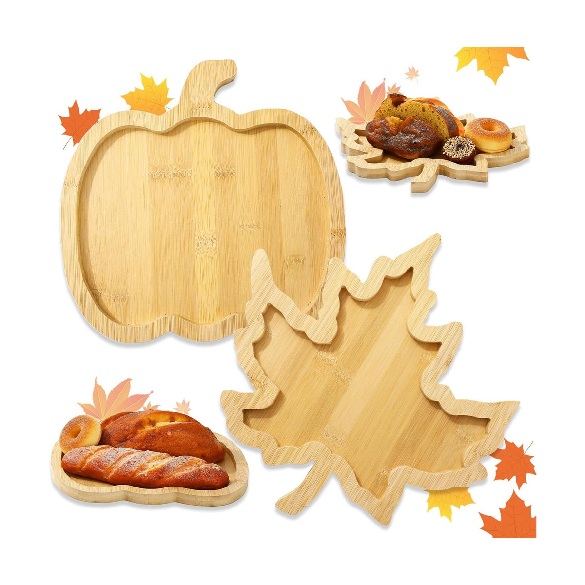 Whaline 2 Pcs Fall Serving Trays Pumpkin Maple Leaf Serving Platters Autumn Wooden Charcuterie Boards for Thanksgiving Halloween Harvest Home Party Food Supplies