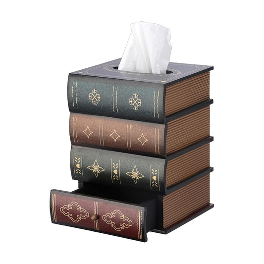 Antique Wooden Book Tissue Box Cover / Green Top