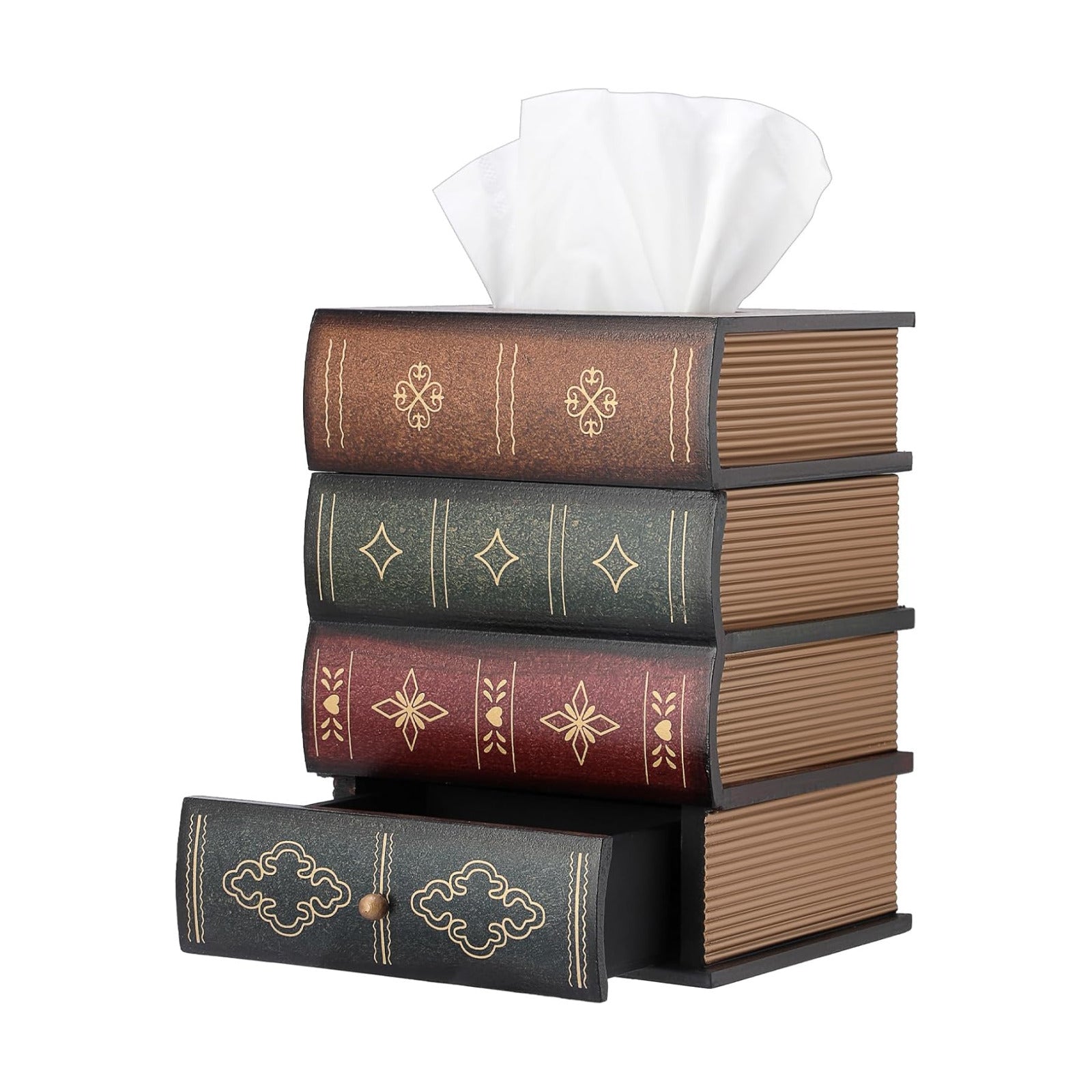 Antique Wooden Book Tissue Box Cover / Brown Top