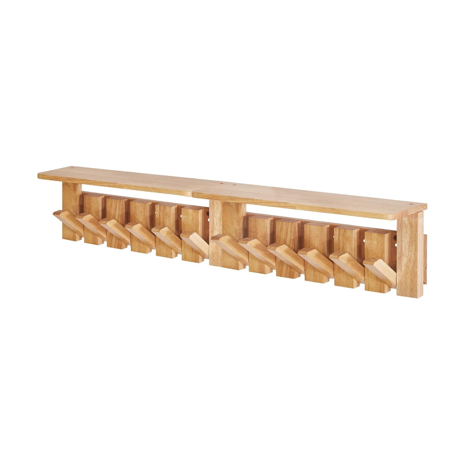 Piano Key Coat Rack Wall Mount with Shelf and 12 Hooks, Natural HWS008N-2 | Solid Wood Wall Mounted Coat Rack with