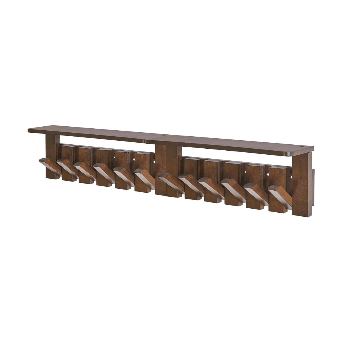 Piano Key Coat Rack Wall Mount with Shelf and 12 Hooks, Walnut HWS008H-2 | Solid Wood Wall Mounted Coat Rack with