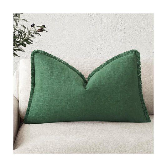 Decorative Linen Fringe Lumbar Throw Pillow Covers Boho Farmhouse Cushion / 20 x 12 / Abundant Green
