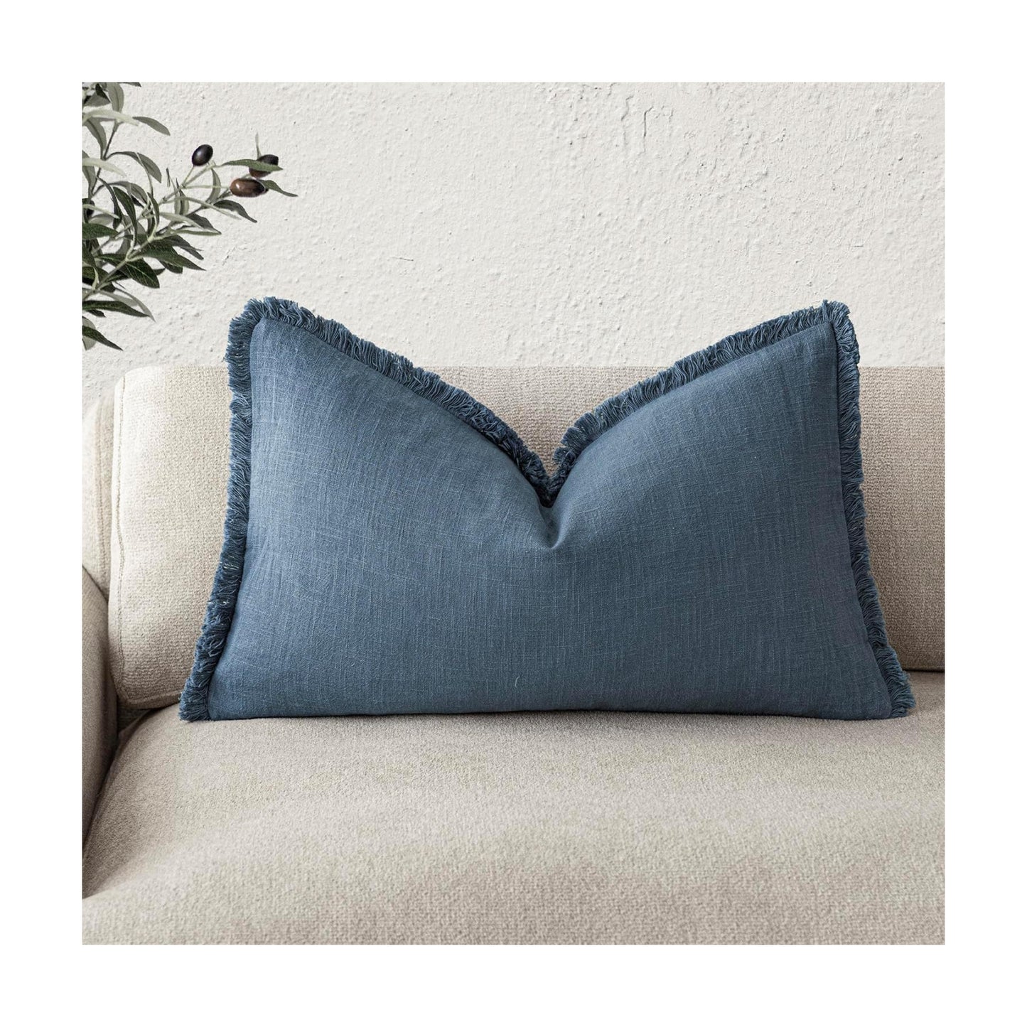 Decorative Linen Fringe Lumbar Throw Pillow Covers Boho Farmhouse Cushion / 20 x 12 / Blue Ashes