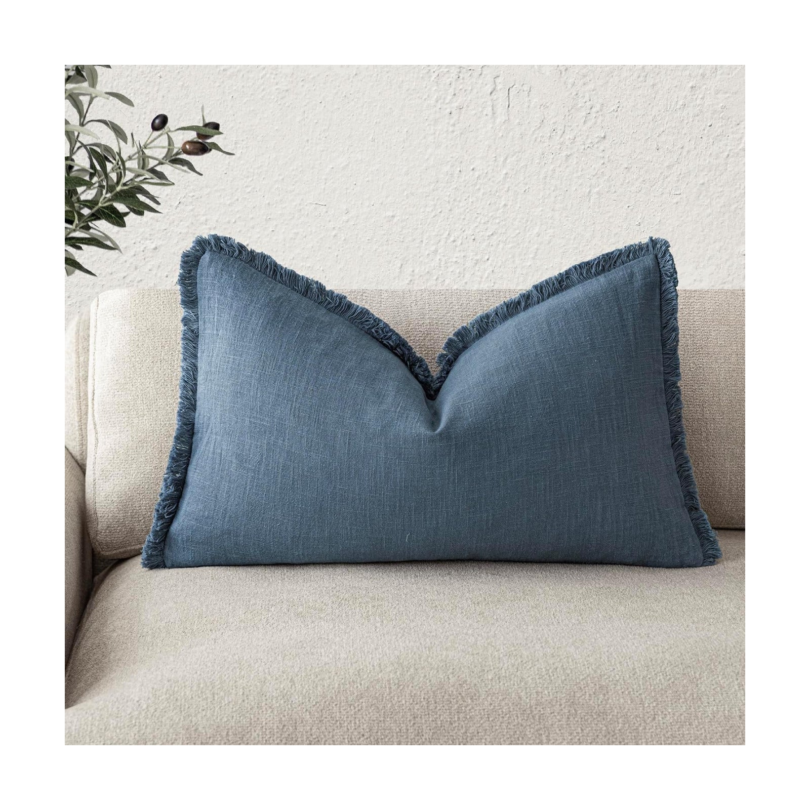 Decorative Linen Fringe Lumbar Throw Pillow Covers Boho Farmhouse Cushion / 20 x 12 / Blue Ashes