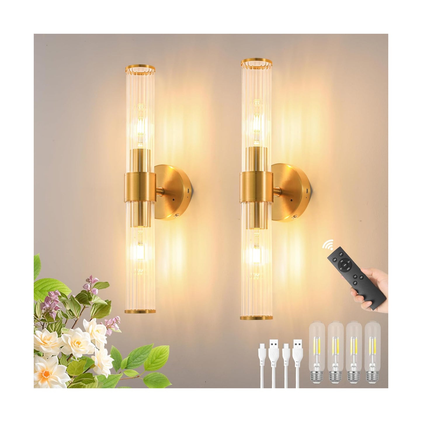 Gold Battery Operated Wall Sconces Set of Two, Dimmable Rechargeable Sconce | Wireless Wall Light with Remote Control